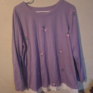 Woman Within Purple Long Sleeve Top with Floral Pattern Size Medium